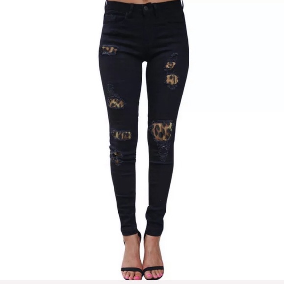 Leopard High Waist Distressed Black Denim Jeans Stretch - Picture 2 of 9